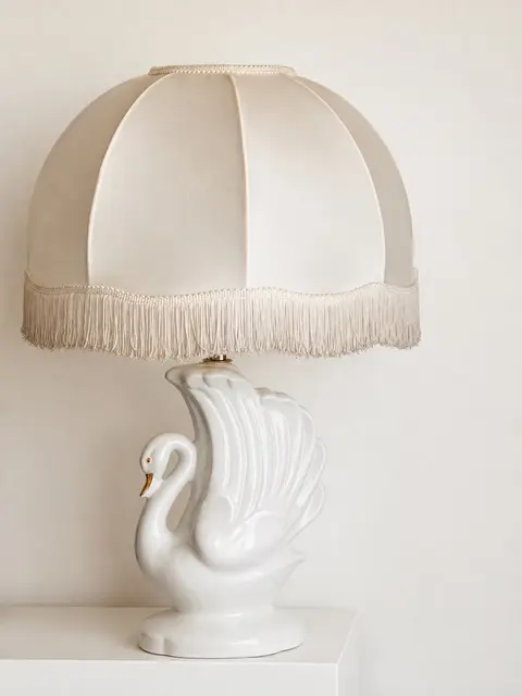 Vintage White Swan Table Lamp with Fringed Shade, Ceramic Swan Lamp, Hollywood Regency Romantic Bedroom Decor
